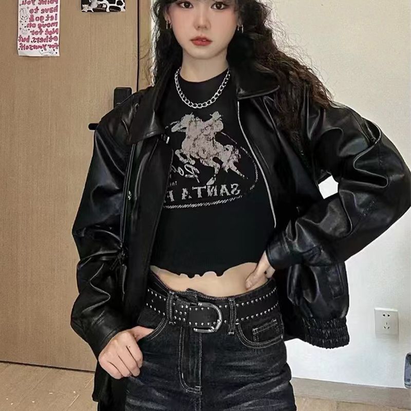 dress to impress outfits Ins American Retro Motorcycle Leather Coat Women's Early Autumn Profile Simple High-Grade Jacket