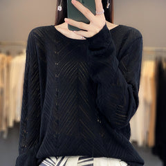 clothes Autumn and Winter 2024 Korean Style Hollow round Neck Sweater Japanese Style Simple Lazy Slimming Sweater for Women