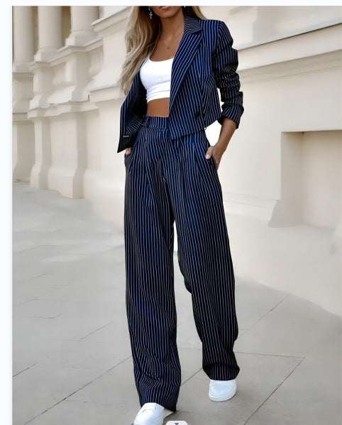 2000s fashion 2024 Women's Elegant Casual Striped Short Lapel Suit Straight Pants Suit