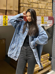 senior jeans Oversize Denim Coat Women's Loose plus Size Spring and Autumn New Mid-Length BF Lazy Style Couple Retro Top