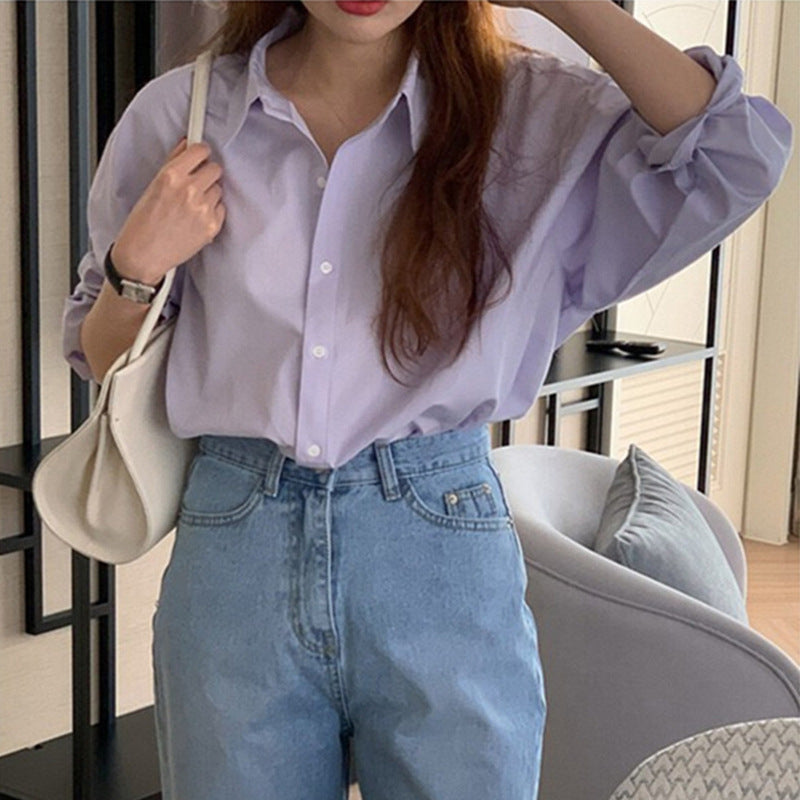 business casual outfits Purple French Style Shirt Women's Spring and Autumn 2024 New Casual Korean Style Shirt Niche Slim-Fit Long-Sleeved Top