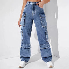 outfit Women's Jeans Overalls High Waist Flap Pocket Women's Pants Loose Fit Women's Pants