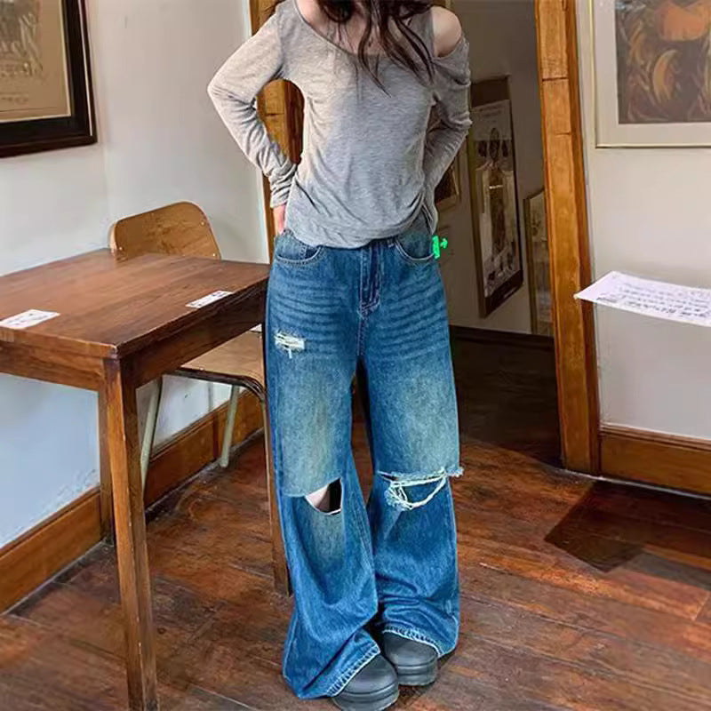 western outfits women Retro Distressed High Waist Straight Ripped Jeans Women's Small Loose Slimming Wide Leg Pants Draping Mop Pants