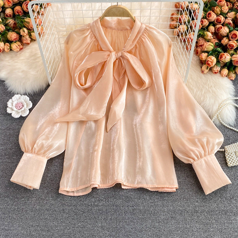 2000s fashion New Super Fairy Loose Belly Covering Bow Lace-up French Style plus Size Shirt Long Sleeve Elegant Top for Women