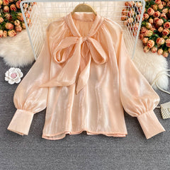 2000s fashion New Super Fairy Loose Belly Covering Bow Lace-up French Style plus Size Shirt Long Sleeve Elegant Top for Women