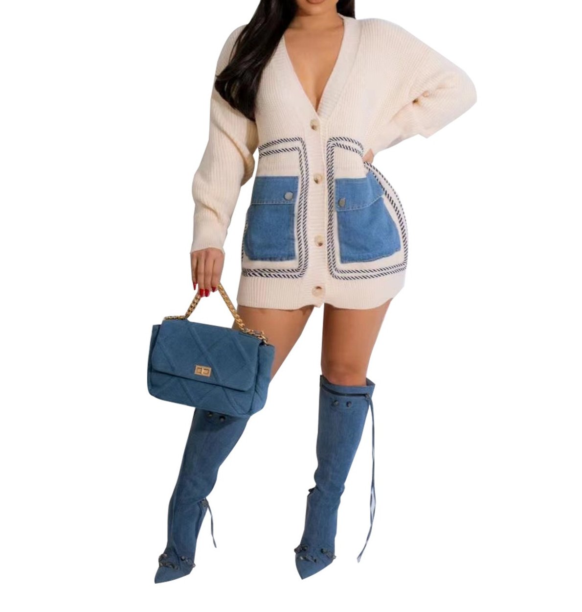 =fall outfits black women New Fashion Loose Sweater Stitching Single-Breasted Denim Pocket