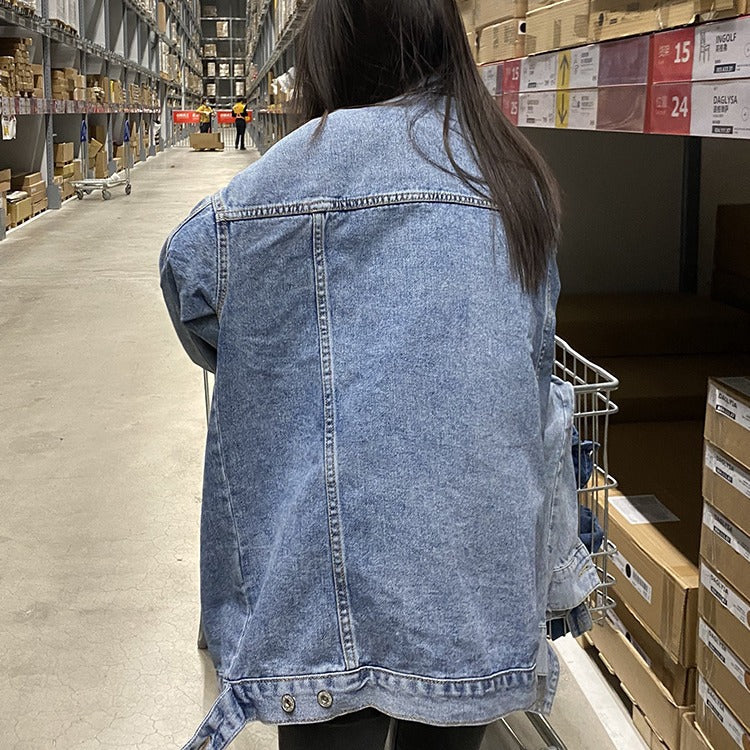 senior jeans Oversize Denim Coat Women's Loose plus Size Spring and Autumn New Mid-Length BF Lazy Style Couple Retro Top