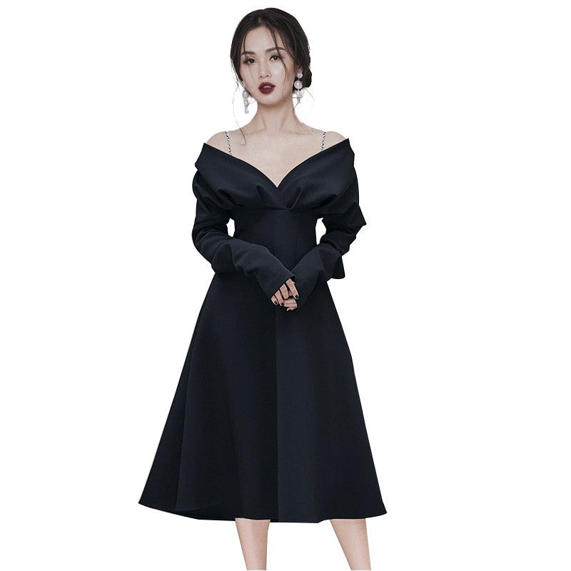 k drama dress to impress Niche High-End Black V-neck Sling Long Sleeve Waist-Tight Large Swing Dress Elegant Light Luxury Host Evening Dress