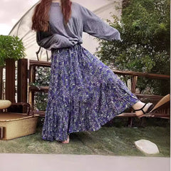 teacher outfits Spring and Summer High Waist Large Swing Skirt Loose Slimming Retro A- line Skirt Floral Pleated Skirt