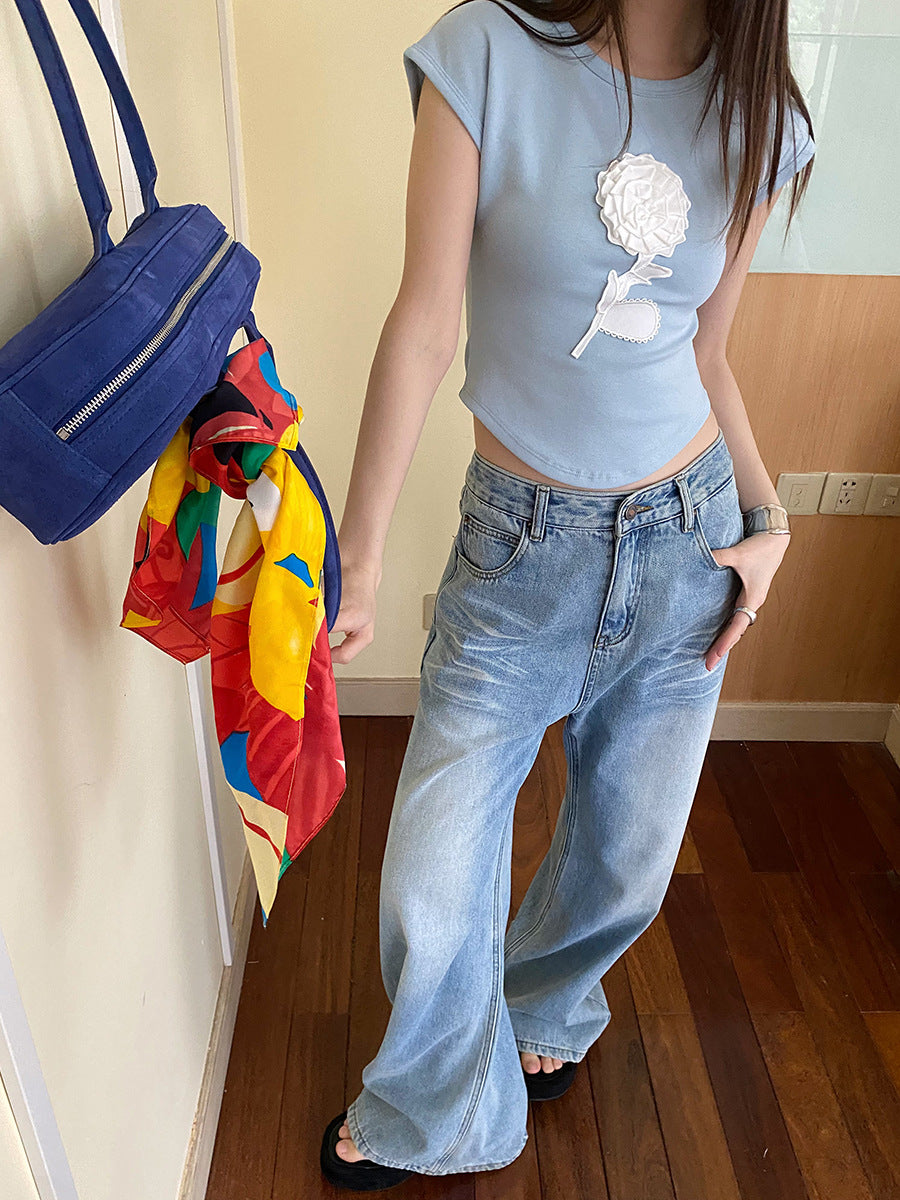 going out outfits Retro Trendy Casual Washed Old Loose Draping Straight Slimming Cat Beard Denim Wide Leg Pants