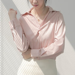 trending fall outfits 2024 Spring and Autumn Pink Draping Shirt Women's Slimming Light Familiar Small Hong Kong Style Satin Top