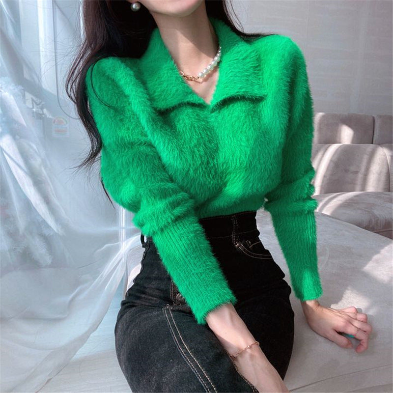 fall outfits women aesthetic Chic Gentle Style Elegant Faux Mink Fur Polo Collar Long Sleeve Dopamine Sweater Women's Short Knitted Top