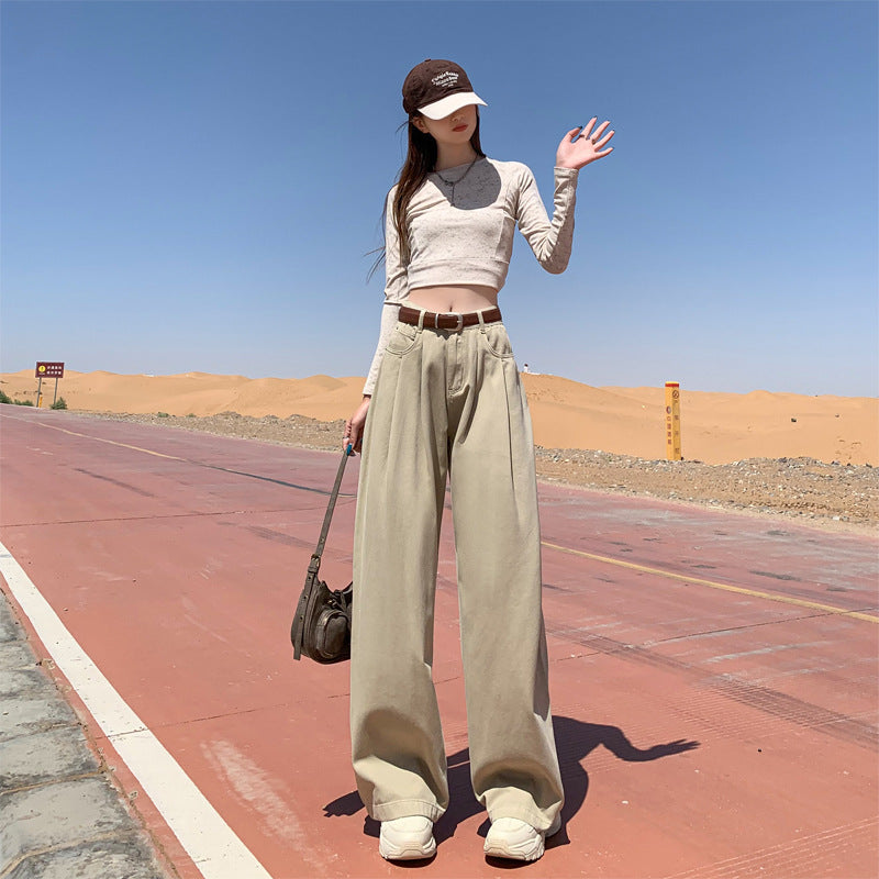 business casual outfits for women Women's Wide-Leg Jeans 2024 Autumn New High Waist Loose Slimming Pleated Straight Mop Pants