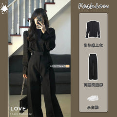 business casual outfits Suit Women's 2024 Autumn New High-Grade Lantern Sleeve Shirt Design Top High Waist Slimming Suit Trousers