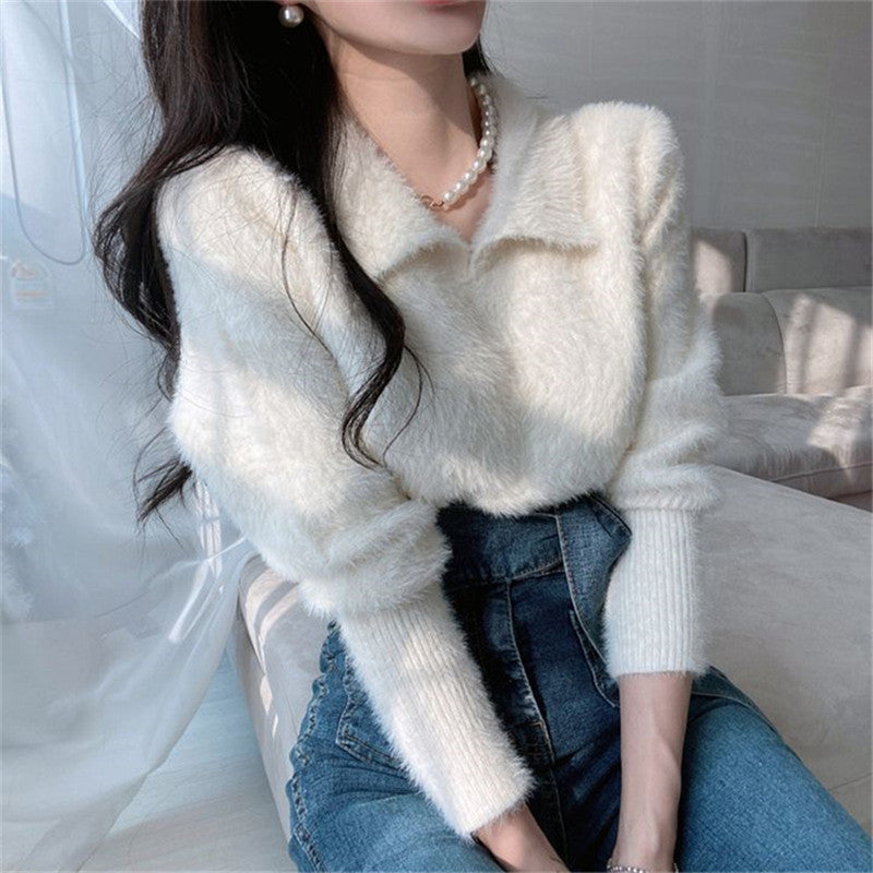 fall outfits women aesthetic Chic Gentle Style Elegant Faux Mink Fur Polo Collar Long Sleeve Dopamine Sweater Women's Short Knitted Top