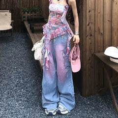 2000s fashion American Retro Rendering Workwear Jeans Women's Summer High Street High Waist Loose Slimming Wide Leg Mopping Pants