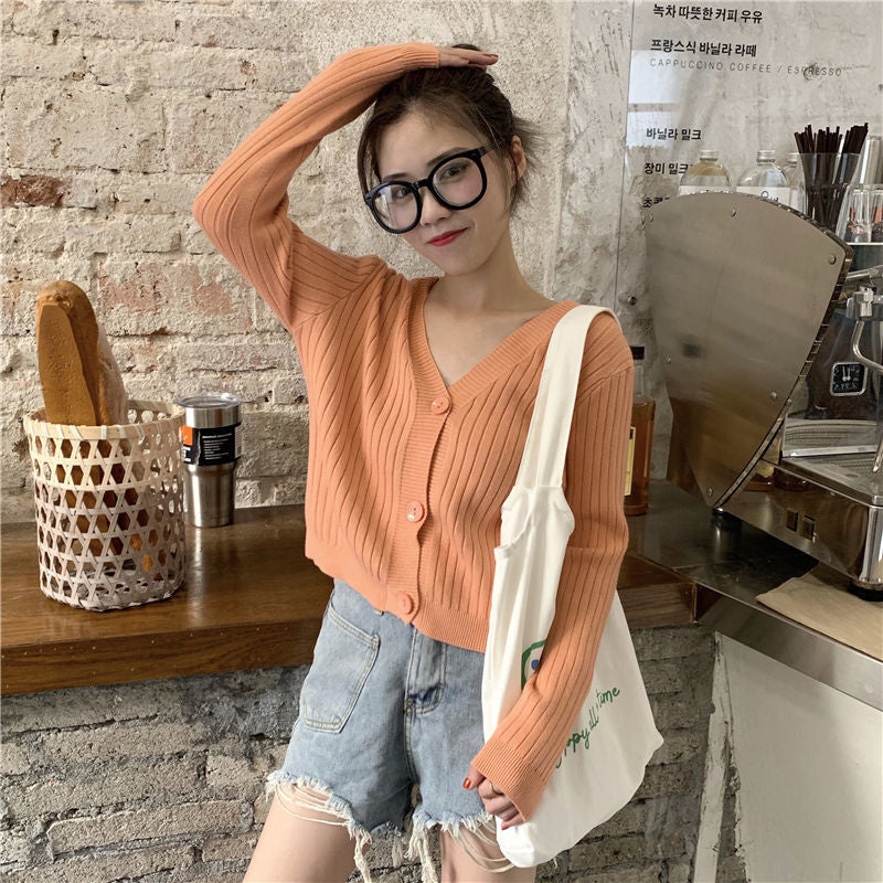 datenight fall outfits Gentle Style Coat Women's Sweater Short Autumn and Winter Loose V-neck Sweater Cardigan