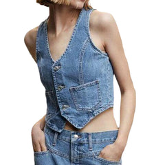 barn jacket outfits American Retro Hot Girl V-neck Breasted Denim Sleeveless Vest Slim-Fit Pocket Short Vest