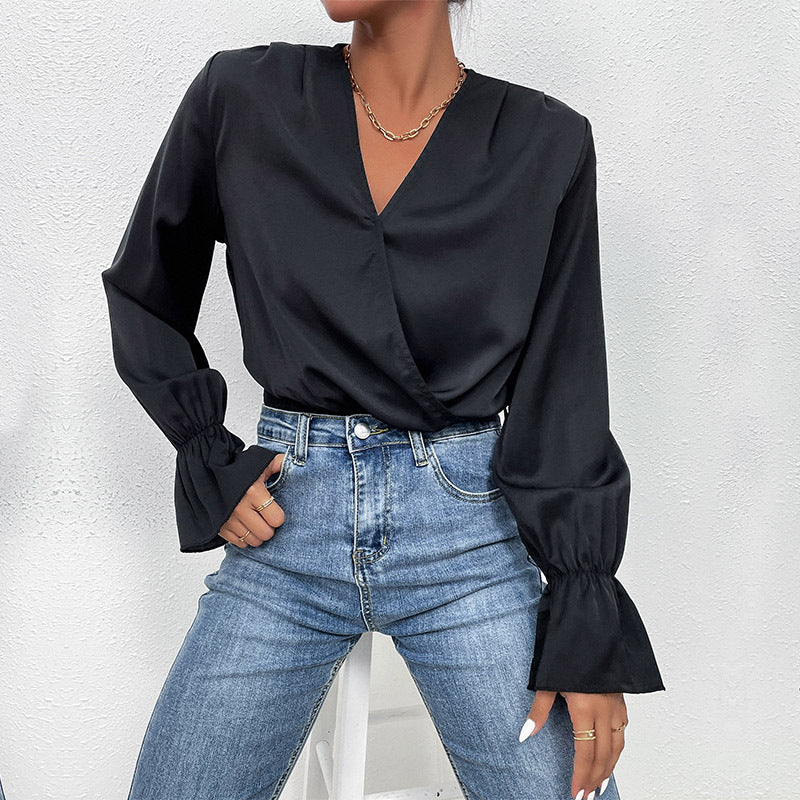 business casual outfits for women Autumn New 2024 Women Flare Sleeve Office Top Cross V-neck Solid Color Onesies