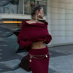 2000s fashion off-Shoulder Sexy High-Grade Woolen Top Skirt Suit Autumn and Winter Lazy Hot Girl Fashion Two-Piece Suit