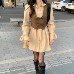 mcbling dress to impress Gentle Style Long-Sleeved Shirt Dress Suit Women's Autumn Western Style Stacked Vest Waist-Tight Short Skirt