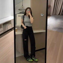 joker costume female outfit Black Straight Ripped Jeans Women's High Waist Summer Loose Slimming Pear-Shaped Wide-Leg Pants