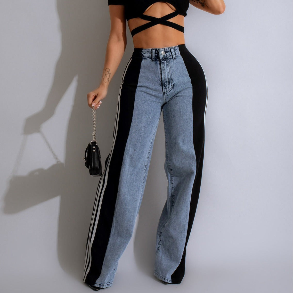 2000s fashion 2024 Summer Fashion Stitching Three Striped Wide Leg Denim Trousers Women's New Casual High Waist Stretch Straight Pants