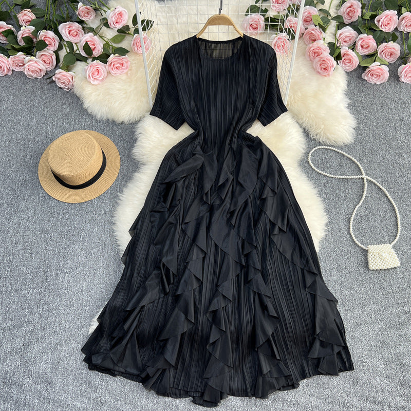 church outfit round Neck Short Sleeve Pleated Ruffled Dress Women's High Waist Slimming Elegant Casual Holiday Dress