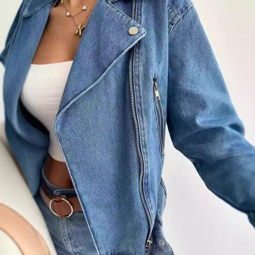 picture day outfit Spring and Autumn New Women's Clothing Ins Hot Lapel Zipper Motorcycle Denim Jacket Coat