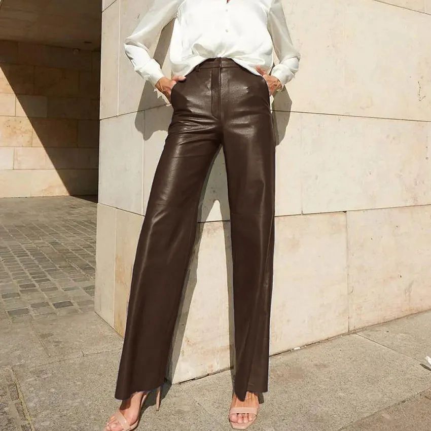 going out outfits Women's Spring Fashion PU Leather Mid-High Waist Hip Lifting Straight Women's Casual Pants Women's Pants