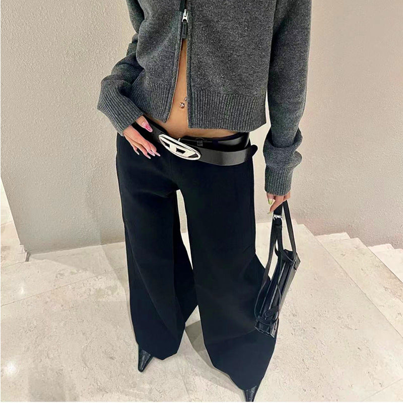 curvy casual outfits Black V-Shaped Low Waist Casual Suit Pants Women 2024 Autumn and Winter Pants Leg Pleated Slimming Loose Wide Leg Pants