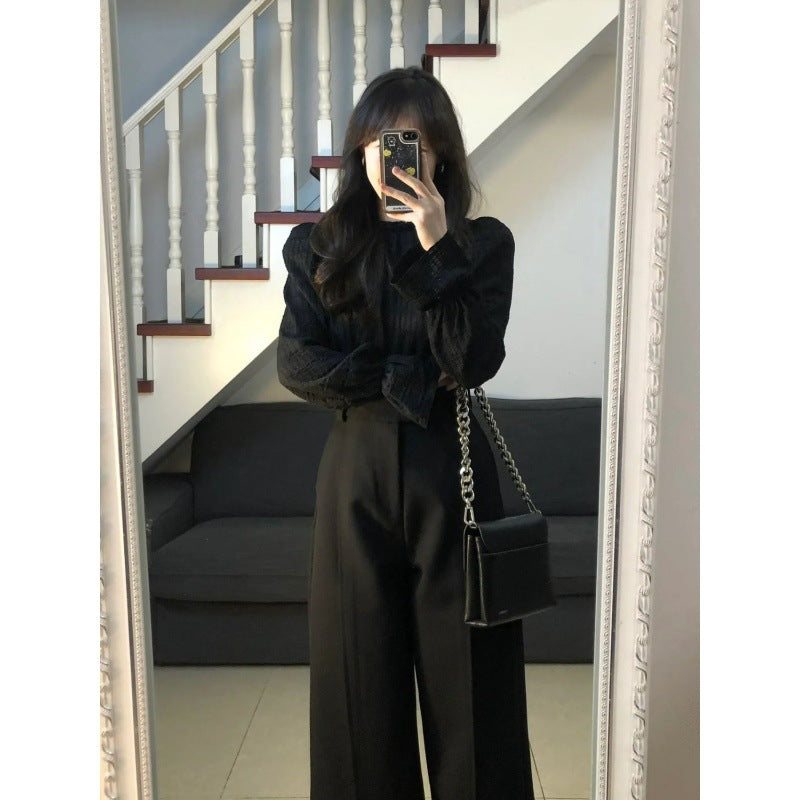 work outfits women Yujie Style Texture Long-Sleeved Shirt Suit Women's Autumn High Waist Straight Wide-Leg Pants Elegant Black Lantern Sleeve Top