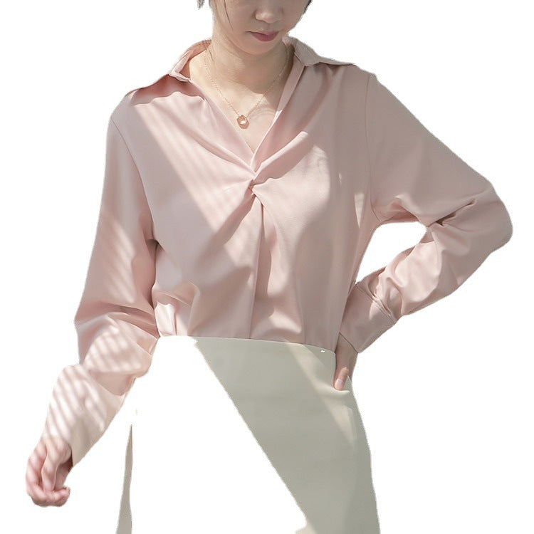 trending fall outfits 2024 Spring and Autumn Pink Draping Shirt Women's Slimming Light Familiar Small Hong Kong Style Satin Top