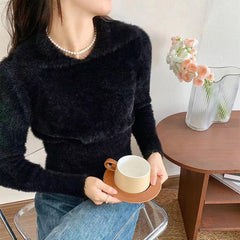 fall outfits women aesthetic Chic Gentle Style Elegant Faux Mink Fur Polo Collar Long Sleeve Dopamine Sweater Women's Short Knitted Top