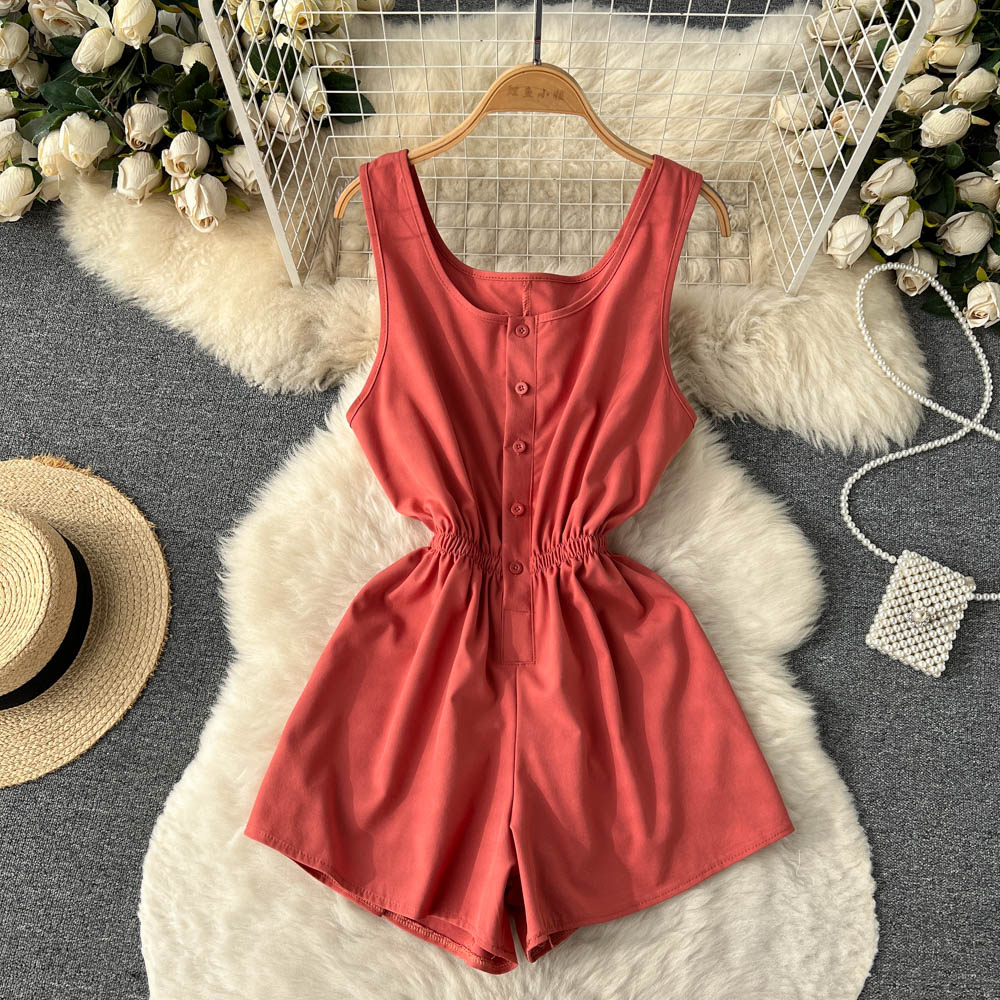 going out outfits Summer New Ins Seaside Holiday Style Solid Color Wide-Leg One-Piece Shorts Women's Single-Breasted U-Neck Suspender Jumpsuit Pants