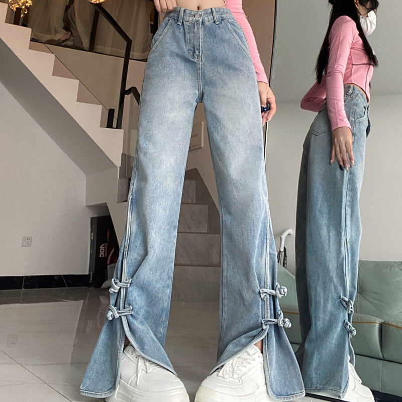 2000s fashion Retro High Waist Split Jeans for Women Spring and Autumn Trendy Ins New Slimming Wide Leg Pants