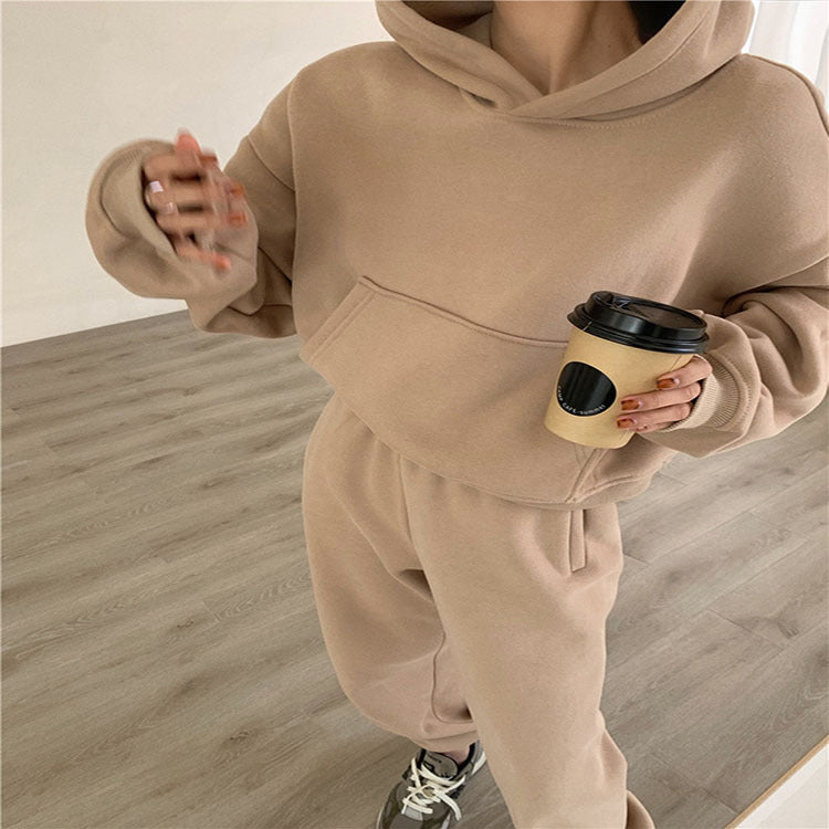 comfy school outfits Fleece-lined Sweatpants Sweater Thickened Fashion Two-Piece Suit Autumn and Winter Casual New Hooded High Waist