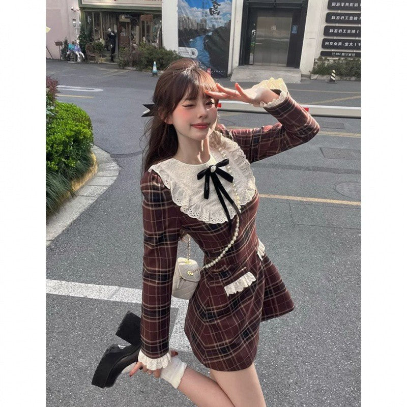 fall outfits women aesthetic French Retro Niche Contrast Color Lace Plaid Dress Women's Spring New Slim Slimming Small Jumpsuit