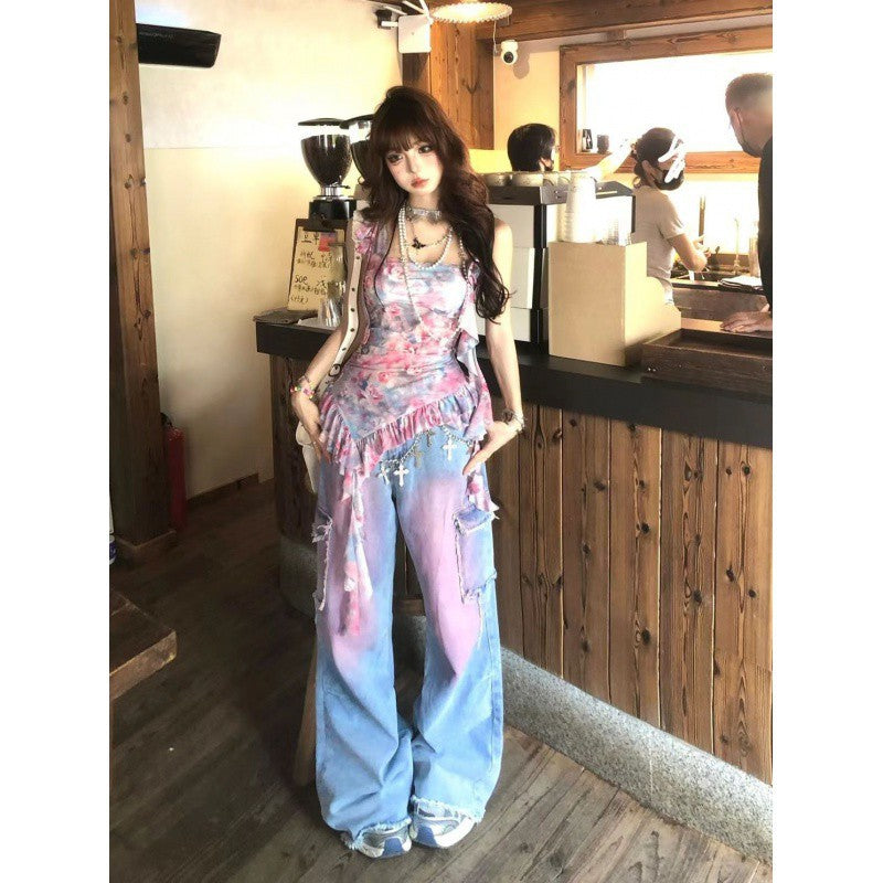 2000s fashion American Retro Rendering Workwear Jeans Women's Summer High Street High Waist Loose Slimming Wide Leg Mopping Pants