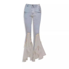 fruitful fashion dress to impress Light-Colored Mesh Stitching Split Skinny Jeans for Women Spring and Autumn 2024 New Elastic Slim Slimming Flared Pants