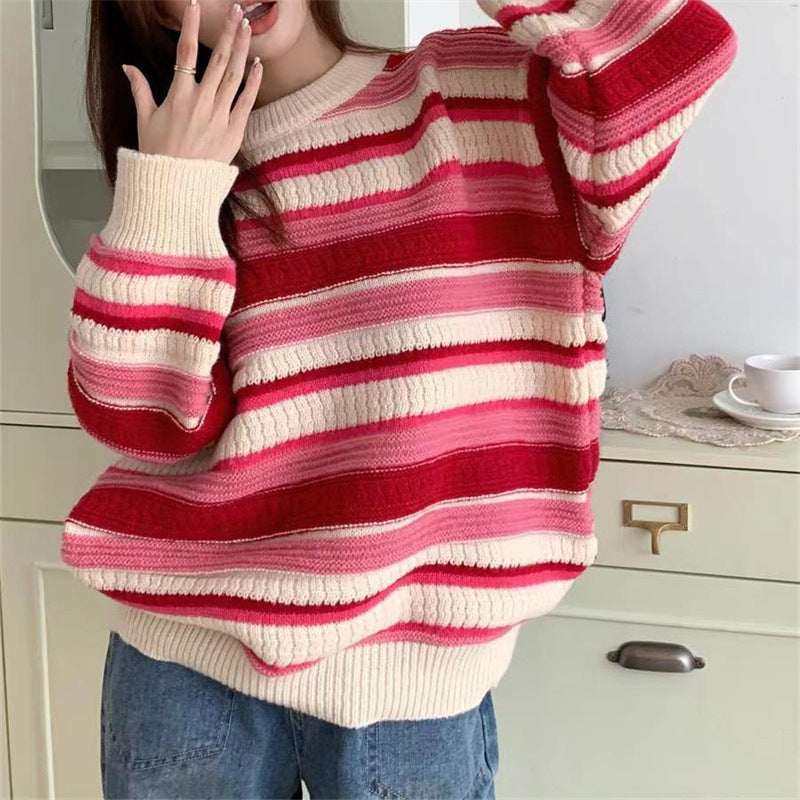 panther halloween costume Gentle Style Soft Glutinous Striped Jacquard Pullover Women's 24 Autumn and Winter Retro Loose Sweater Lazy Style Top