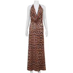 clothes Fashion Sexy V-neck Backless Leopard Print Halter Lace-up Hot Girl Long Dress