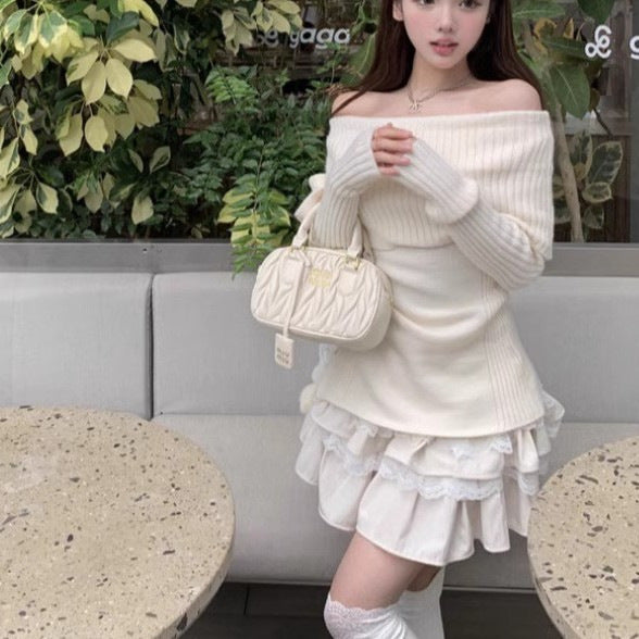 dream clothes Korean-Style White off-Shoulder Long-Sleeved Sweater Women's Autumn off-Shoulder Bow Sweater Slim-Fit Short Bottoming Top