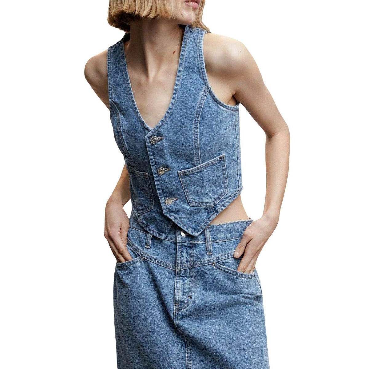 barn jacket outfits American Retro Hot Girl V-neck Breasted Denim Sleeveless Vest Slim-Fit Pocket Short Vest