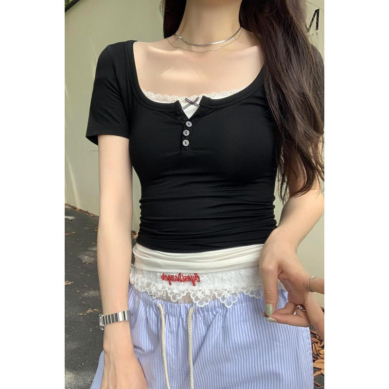 dream clothes Fake Two-Piece Small Lace Button Shoulder Short-Sleeved T-shirt Women's Summer Slim-Fit Sweet and Spicy Top