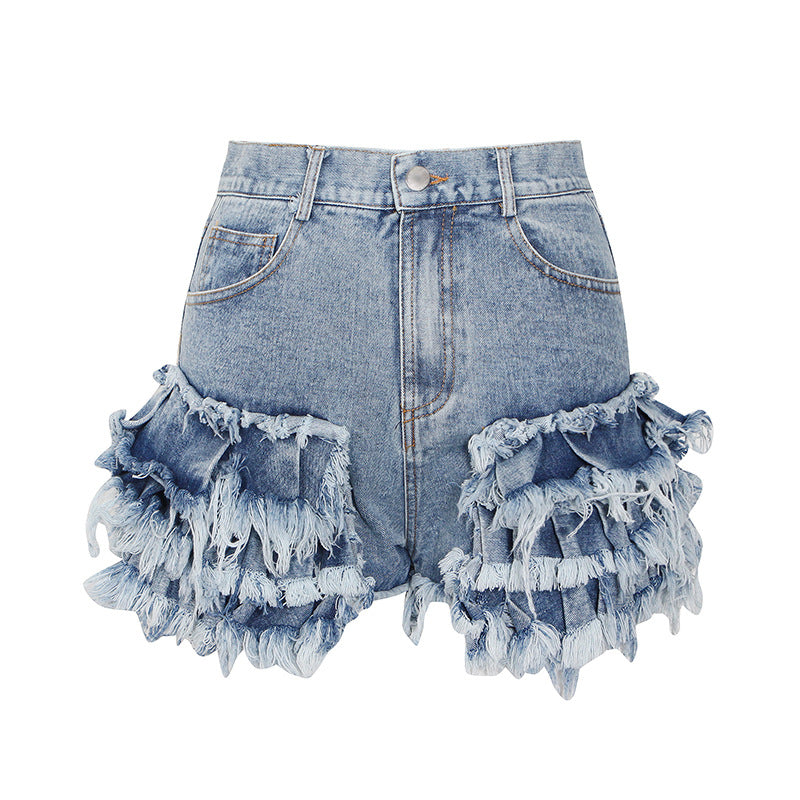 2000s fashion Sexy Hot Girl Style 2024 Autumn New Fashion Trendy Brushed Tassel Design High Waist Denim Shorts for Women