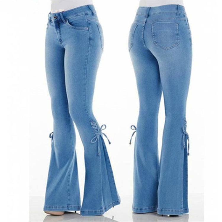 summer outfits inspo Women's Jeans Mid-Waist Lace-up Denim Trousers Stretch Jeans Women's Flared Pants Denim