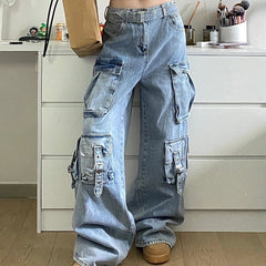 barn jacket outfits American Street Workwear Wide-Leg Jeans Men's and Women's Multi-Pocket High Waist Loose Drop-down Mop Pants