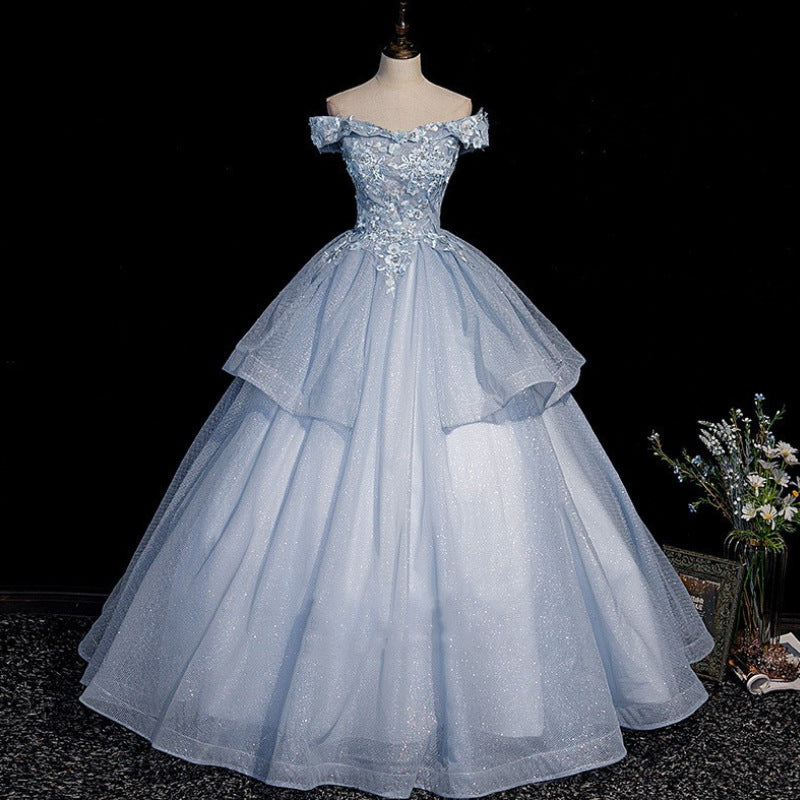 prom dresses Blue Evening Dress 2024 Pettiskirt off-Shoulder Performance Dress Vocal Dress Host Banquet Colored Yarn