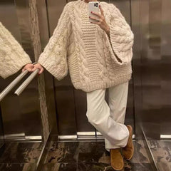 datenight fall outfits 2024 Spring and Autumn Fashion Elegant round Neck Bell Sleeve Knitted Sweater Loose All-Match Top